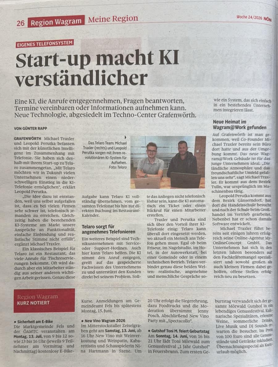 NÖN-Printartikel über Telaro.ai mit der Überschrift Start-up macht KI verständlicher